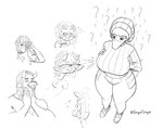 anthro beanie big_breasts blush bodily_fluids breasts clothed clothing dreadlocks duo eyes_closed female hair hat headgear headwear horn long_hair long_snout open_mouth question_mark simple_background snout sweat thick_thighs tight_clothing white_background wide_hips orange_bongo cavemanon_studios goodbye_volcano_high snoot_game babs_(snoot_game) erin_(snoot_game) ankylosaurian ankylosaurid ankylosaurus dinosaur ornithischian prehistoric_species reptile scalie thyreophoran meme monochrome reaction_image sketch sketch_page