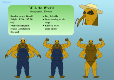 4_arms antennae_(anatomy) anthro biceps clothing farmer flexing flexing_bicep flexing_both_biceps hat headgear headwear male multi_arm multi_limb musclegut muscular muscular_male nude overalls pecs solo text danewolf_(artist) bill_the_weevil arthropod beetle insect weevil digital_drawing_(artwork) digital_media_(artwork) english_text hi_res model_sheet