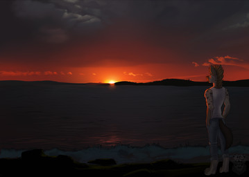 anthro cloud fur horizon male simple_background sky solo sun sunset vallhound hyena mammal spotted_hyena digital_media_(artwork)