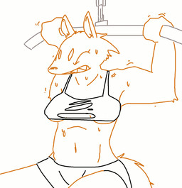 anthro blush bodily_fluids breasts clothed clothing exercise eyes_closed female nipples partially_clothed simple_background solo surprised sweat torn_clothing wardrobe_malfunction white_background the_weaver gnoll hyena mammal striped_hyena animated animated_gif short_playtime slideshow