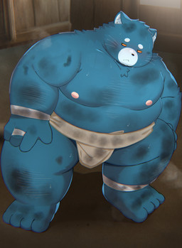 anthro asian_clothing belly big_belly blue_body blue_fur bodily_fluids clothing detailed_background east_asian_clothing fur japanese_clothing kemono male mawashi moobs musk nipples overweight overweight_male solo standing sumo sumo_ring sumo_wrestler sweat trail_arnak domestic_cat felid feline felis mammal 2026 absurd_res hi_res