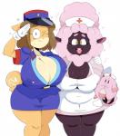 anthro belly big_breasts blue_eyes breasts brown_hair cleavage clothed clothing cosplay curvy_figure dark_body duo female front_view fur gesture gloves hair handwear hat headgear headwear heart_symbol horizontal_pupils huge_breasts looking_at_viewer mature_anthro mature_female nurse nurse_clothing nurse_hat nurse_headwear nurse_uniform one_eye_closed open_mouth open_smile pink_body pink_fur pink_wool plushie police police_hat police_uniform pupils salute short_hair simple_background slightly_chubby smile thick_thighs uniform voluptuous white_background wide_hips wink wool_(fur) yellow_eyes jinu nintendo pokemon june_(jinu) nurse_joy officer_jenny sheep_mom bovid canid canine canis caprine chansey domestic_dog domestic_sheep generation_1_pokemon mammal pokemon_(species) sheep shiba_inu spitz 2018 digital_media_(artwork) hi_res