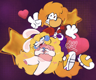 3_fingers anthro arms_bent belly big_nose black_eyebrows blonde_hair blue_ear_piercing blue_eyes bottomless bottomless_anthro bottomless_female breasts brown_eyes clothed clothed_anthro clothed_female clothed_humanoid clothed_male clothing conjoined_eyes duo ear_piercing eyebrow_through_hair eyebrows fangs featureless_crotch featureless_legs female fingers floating_hands floating_head floating_torso footwear fur gesture gloves grin grinning_at_viewer hair hand_gesture handwear heart_gesture heart_symbol hoodie larger_humanoid larger_male light long_ears long_hair looking_at_viewer male male_humanoid noseless open_mouth open_smile pawpads piercing pink_clothing pink_pawpads pink_shirt pink_topwear purple_background purple_clothing purple_hoodie purple_topwear red_tongue shirt shoes short_hair simple_background size_difference smaller_anthro smaller_female smile smiling_at_viewer star tan_belly tan_body tan_inner_ear tan_pawpads tan_skin teeth text tongue toothy_grin topwear translucent translucent_hair v_sign white_body white_clothing white_fur white_gloves white_handwear yellow_clothing yellow_footwear yellow_shoes sillyhog mario_bros mario_plus_rabbids_kingdom_battle nintendo raving_rabbids rayman_(series) ubisoft rabbid_peach rayman humanoid lagomorph mammal rabbid raypeople_(rayman) 2026 artist_name colored crossover digital_drawing_(artwork) digital_media_(artwork) english_description hi_res lighting shaded signature