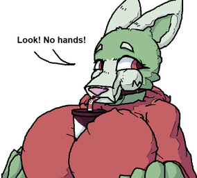 anthro between_breasts big_breasts breasts choker clothing container cup drinking drinking_straw female green_body hoodie huge_breasts jewelry necklace object_between_breasts red_clothing red_eyes red_hoodie red_topwear simple_background solo talking_to_viewer text topwear 6saw789 green_(6saw789) domestic_cat felid feline felis mammal 2024 aliasing bust_portrait digital_drawing_(artwork) digital_media_(artwork) english_text portrait