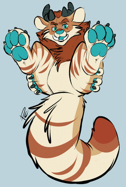 4_toes anthro big_tail butt featureless_crotch feet fluffy fluffy_tail front_view fur hindpaw horn long_tail male null orange_body orange_fur pawpads paws presenting presenting_hindquarters solo spread_legs spreading tail teeth thick_tail thick_thighs toes pastelcore tropos_(character) kaiju hi_res