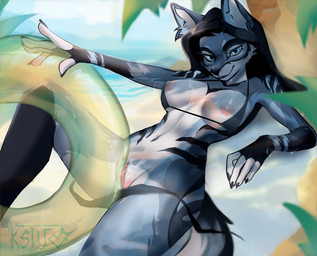 anthro beach beachwear bikini bikini_aside bikini_bottom bikini_top black_body black_bottomwear black_clothing black_fur black_hair black_nails black_top blue_body blue_eyes blue_fur bodily_fluids bottomwear breasts camel_toe clitoris clothed clothing clothing_aside colored_nails female fur genital_fluids genital_focus genitals grey_body grey_fur hair holding_swim_ring island knee_up liquid looking_at_viewer lying lying_on_sand masturbation medium_breasts multicolored_body multicolored_fur nails navel nipples nude on_back outside pink_nipples pink_oreola pink_vulva raised_leg sand sea smile solo striped_body striped_fur stripes summer swim_ring swimwear swimwear_aside two-piece_swimsuit vaginal vaginal_fluids vulva vulva_focus water water_drop wet wet_body wet_fur white_body white_fur ksujo khiana_(cheesestickwendigo) canid canine canis mammal wolf hi_res