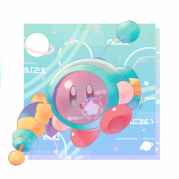 abstract_background ambiguous_gender antenna_topper antenna_wire biped blue_eyes blush blush_lines border holding_object holding_ranged_weapon holding_raygun holding_weapon looking_at_viewer open_mouth outside_border pink_body planet ranged_weapon raygun red_body solo spacesuit star_polygon three-quarter_view weapon white_border hakobune kirby_(series) kirby_and_the_forgotten_land nintendo kirby space_ranger_kirby waddling_head 1:1 2022 constructed_language digital_drawing_(artwork) digital_media_(artwork) fictional_language full-length_portrait hi_res portrait signature