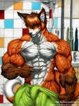 5_fingers abs anthro bangs bathroom bathroom_sink biceps big_arms big_chest big_muscles black_claws black_lips black_nose black_pawpads broad_shoulders brown_body brown_fur brown_hair bulge cheek_tuft claws countertop crotch_tuft deltoids detailed_muscles dipstick_tail facial_tuft faucet finger_claws fingers fist fluffy fluffy_tail forearm_muscles fur gloves_(marking) green_eyes hair huge_muscles hyper hyper_muscles inner_ear_fluff inside lips looking_at_viewer male markings mirror muscular narrowed_eyes navel orange_body orange_fur pawpads pecs pinching_self pulling_skin pupils serratus shower sink slit_pupils smile solo standing striated_muscles tail tail_markings teeth text thick_neck thick_thighs tile tile_wall toothy_smile towel towel_around_waist towel_only trapezius triceps tuft vascular veiny_abs veiny_arms veiny_hands veiny_legs veiny_pecs veiny_torso wall_(structure) white_body white_fur djdarkfox andre_(newberrychucks) canid canine fox mammal red_fox true_fox 2015 artist_name dated detailed half-length_portrait hi_res portrait shaded signature traditional_media_(artwork) url