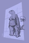 3_toes 4_fingers anthro beady_eyes belly big_belly breasts erect_nipples feet female fin fingers fist genitals image_bubble looking_away navel nipples non-mammal_breasts nude overweight overweight_anthro overweight_female pussy solo tail toes snifflah kell_(snifflah) fish marine shark hi_res monochrome