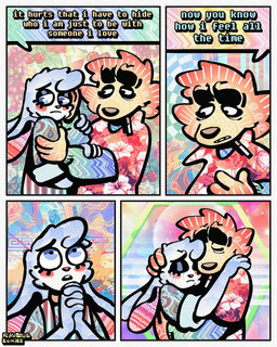 4_panel_comic aloha_shirt anthro bow_tie cheek_spots cheek_tuft cigarette cigarette_in_mouth clothing dialogue duo eyes_closed facial_tuft floppy_ears fur half-closed_eyes hug male narrowed_eyes object_in_mouth overalls pattern_clothing pattern_shirt pattern_topwear shirt smoking_tobacco speech_bubble text topwear tuft white_body white_fur yellow_body yellow_fur rawdawgcomics bingus_(rawdawgcomics) stahli_(rawdawgcomics) bird_dog canid canine canis domestic_dog golden_retriever hunting_dog lagomorph leporid mammal rabbit retriever 4:5 comic english_text hi_res