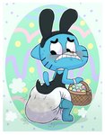 anthro basket big_diaper blue_body blue_fur blue_tail blush blush_lines bodily_fluids clothing container crouching diaper easter_basket easter_egg embarrassed fake_ears fake_rabbit_ears feces full_diaper fur furgonomics grimace holidays hyper legwear looking_at_diaper male motion_lines one-piece_swimsuit oversized_diaper pointy_ears poof_effect pooping prick_ears red_nose shadow soiled_diaper soiling soiling_diaper solo stockings sweat sweatdrop swimwear tail teeth unclean_diaper used_diaper white_diaper young tenerius cartoon_network easter the_amazing_world_of_gumball gumball_watterson domestic_cat felid feline felis mammal 2021 hi_res