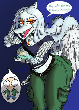abstract_background alternate_costume alternative_fashion amber_eyes anthro armwear bedroom_eyes belt big_butt blush blush_lines bone_frill bottomwear bracelet breasts bubble_butt butt cargo_pants chain claws clothing collar curvy_figure denim denim_bottomwear denim_clothing dialogue duo elbow_feathers eyelashes eyeliner feathered_wings feathers female finger_claws fishnet_armwear fishnet_clothing fishnet_topwear frill_(anatomy) green_bottomwear green_cargo_pants green_clothing green_jacket green_pants green_topwear grey_body grey_feathers grey_hair grey_scales hair jacket jeans jewelry light-skinned_male light_body light_skin long_hair makeup male medium_breasts midriff narrowed_eyes navel necklace open_mouth open_smile pants punk reaction_shot scales seductive shirt short_tail smile snout spiked_bracelet spiked_collar spikes t-shirt tail text thick_thighs topwear voluptuous voluptuous_anthro voluptuous_female wide_hipped_anthro wide_hipped_female wide_hips wings godai_v cavemanon_studios goodbye_volcano_high ko_op_(game_developer) snoot_game anon_(snoot_game) fang_(gvh) human mammal prehistoric_species pterodactylus pterosaur reptile scalie 2026 absurd_res digital_drawing_(artwork) digital_media_(artwork) english_text hi_res signature