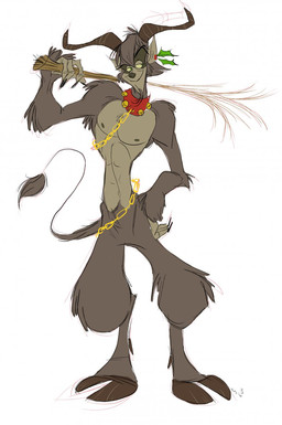 anthro bell bell_collar brown_body brown_fur chain collar facial_hair fur goatee green_eyes holding_object holidays holly_(plant) horn humanoid_face male plant simple_background solo standing white_background slb christmas krampus bovid caprine caprine_demon demon mammal 2015 digital_media_(artwork) hi_res