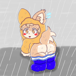 anthro backsack balls boots bottomless butt clothed clothing coat footwear genitals male presenting presenting_hindquarters raincoat raining shoes solo topwear wet young young_anthro aramachan cyberconnect2 fuga:_melodies_of_steel little_tail_bronx hack_montblanc canid canine caninu canis domestic_dog herding_dog mammal pastoral_dog welsh_corgi 1:1 2022 hi_res