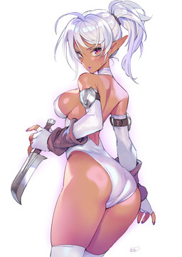 armwear breasts butt clothing dagger dark_body dark_skin ear_piercing elbow_gloves eyebrows eyelashes female fingerless_gloves glistening glistening_body glistening_butt glistening_skin gloves hair handwear humanoid_pointy_ears legwear leotard looking_at_viewer melee_weapon nipples not_furry piercing pointy_ears ponytail purple_eyes side_boob solo weapon white_clothing white_hair white_leotard matsukitchi12 dark_elf elf humanoid 2024 hi_res