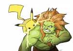 ambiguous_gender angry bite duo electric electricity feral fight fur male simple_background tail white_background yellow_body yellow_fur tokyozombie capcom death_battle nintendo pokemon street_fighter blanka generation_1_pokemon mammal pikachu pokemon_(species) rodent crossover