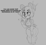 2022 anthro bear clothed clothing curvy_figure english_text female flauschdraws giant_panda imminent_sex iza_(flauschdraws) mammal monochrome short_stack solo text thick_thighs voluptuous wide_hips