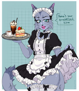 bulge clothed clothing dress food gynomorph heart_symbol humanoid_face intersex laces legwear lips looking_at_viewer maid_uniform panties pink_lips raised_clothing raised_dress servant solo stockings text tray underwear uniform anonymous_artist stella_simons domestic_cat felid feline felis mammal russian_blue absurd_res english_text hi_res trans_(lore) trans_woman_(lore)