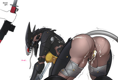 all_fours anthro anthrofied bodily_fluids breath crossgender cum cum_drip cum_in_vagina cum_inside dagger dripping duo female fucked_silly genital_fluids good_girl katana long_tongue machine male male/female melee_weapon mtf_crossgender open_mouth panting red_eyes sheathed_weapon simple_background sword tail tan_body text tongue tongue_out weapon white_background spacemaxmarine konami metal_gear metal_gear_rising:_revengeance platinumgames blade_wolf humanoid lq-84_fenrir robot robot_anthro english_text hi_res