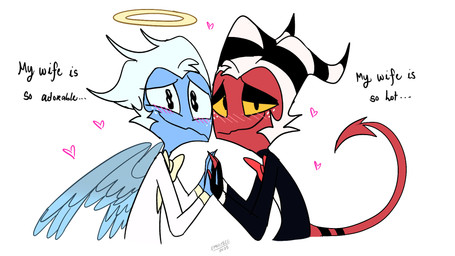 blue_body blue_hair blue_skin blush dialogue freckled_face freckles hair halo hands_together heart_symbol horn long_tail male red_body red_skin simple_background spade_tail tail text watery_eyes white_hair yellow_eyes emositecc hellaverse helluva_boss moxxie_(helluva_boss) angel angel_humanoid demon demon_humanoid humanoid imp 16:9 colored english_text hi_res widescreen