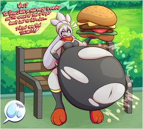 accessory angry anthro armwear belly bench big_belly big_ears black_armwear black_clothing black_legwear black_leotard bloated border breasts buckteeth burger clothing dialogue female food grass grey_body grey_ears grey_hair hair hair_accessory hairband hand_on_hip hand_on_own_hip holding_food holding_object huge_belly huge_ears hyper hyper_belly legwear leotard looking_at_viewer navel on_bench open_mouth outside pink_tongue plant red_eyes red_mouth red_scarf scarf shrub sitting sitting_on_bench solo speech_bubble talking_to_viewer teeth text three-quarter_view tongue topwear torn_clothing torn_leotard torn_topwear white_border yellow_hairband bys3d nintendo pokemon generation_8_pokemon lagomorph leporid mammal pokemon_(species) rabbit raboot 2026 cel_shading colored digital_media_(artwork) english_text hi_res shaded