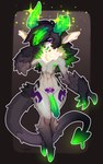 anthro black_hair flaccid genitals green_hair green_tongue hair hair_over_eye long_hair looking_at_viewer male multicolored_hair navel nipples nude one_eye_obstructed penis purple_eyes smile solo tongue hallogreen rendak canid canine canis domestic_dog mammal hi_res