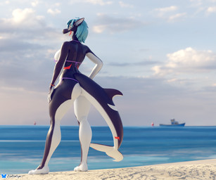 anthro beach big_breasts big_butt big_tail bikini blue_hair boat bracelet breasts butt clothing curvy_figure ear_piercing ear_ring female hair hand_on_hip jewelry looking_away low-angle_view multicolored_body orange_eyes piercing purple_bikini purple_clothing purple_swimwear ring_piercing sea solo standing sunset swimwear tail two-piece_swimsuit two_tone_body vehicle water watercraft rileyarlic_(artist) valorlynz_(modeler) zea_nalya aquatic cetacean dolphin mammal oceanic_dolphin orca toothed_whale 3d_(artwork) 6:5 digital_media_(artwork) hi_res