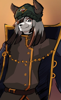 anthro belt blue_clothing brown_clothing clothing coat eyebrows hair hair_over_eye hat headgear headwear highlights_(coloring) horn male markings military_uniform one_eye_obstructed red_eyebrows red_markings smug smug_face smug_grin solo topwear uniform white_hair fuseadrift hybrid hi_res
