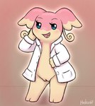 blush bottomless clothed clothing coat coat_only dress_shirt eyelashes female feral genitals open_clothing open_shirt open_topwear pussy shirt solo topwear topwear_only heshieokf nintendo pokemon audino generation_5_pokemon pokemon_(species) hi_res