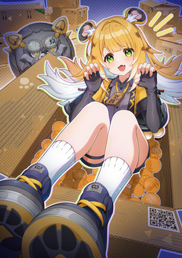 animal_ears arms_bent bent_legs blonde_hair blue_clothing blue_footwear blue_shoes blush claw_pose clothing collared_shirt dress_shirt fangs female fluffy_ears food footprint footwear fruit glistening glistening_hair green_eyes hair happy inside_box jacket long_hair open_mouth orange_(fruit) pawprint plant qr_code shirt shoes sitting socks solo sparkles sparkling_eyes striped_hair teeth thigh_strap topwear white_clothing white_dress_shirt white_footwear white_hair white_socks yellow_clothing yellow_jacket_(clothing) yellow_topwear young young_female young_humanoid agiri_box mihoyo zenless_zone_zero ju_fufu animal_humanoid felid felid_humanoid humanoid mammal mammal_humanoid pantherine pantherine_humanoid thiren tiger_humanoid hi_res