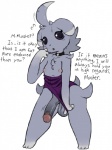 anthro anthrofied balls clothing collar consolation dialogue femboy flaccid flashing genitals humiliation male master one-piece_swimsuit ownership penis penis_humiliation pokemorph presenting purple_clothing purple_swimwear simple_background small_penis_humiliation solo swimwear text white_background roy_mccloud nintendo pokemon espurr generation_6_pokemon pokemon_(species) english_text