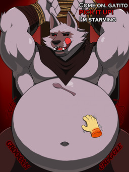anthro bdsm belly belly_rub big_belly black_sclera bloated bondage bound disembodied_hand duo fur grey_body grey_fur licking licking_lips male male/male muscular muscular_male orange_body orange_fur red_eyes rope rumbling_stomach tongue tongue_out hidi dreamworks puss_in_boots_(franchise) death_(puss_in_boots) puss_in_boots_(dreamworks) canid canine canis domestic_cat felid feline felis mammal wolf hi_res