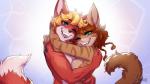 auburn_hair blue_eyes brown_body brown_fur duo female fur hair happy hug male one_eye_closed open_mouth red_body red_fur smile ailaanne kayla_angel robin_tinderfox canid canine domestic_cat felid feline felis fox mammal 16:9 hi_res widescreen