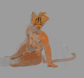 anthro blush flaccid fur genitals grey_background humanoid_genitalia humanoid_penis male male_anthro mouth_closed narrowed_eyes nude orange_body orange_fur orange_penis orange_tail penis simple_background sitting solo tail oselotti oselotti_(character) domestic_cat felid feline felis mammal hi_res