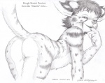 anthro breasts butt female looking_at_viewer looking_back mature_anthro mature_female rear_view simple_background solo tail text white_background james_m_hardiman cats_n'_cameras manila_doyle felid feline mammal serval 2011 comic english_text greyscale monochrome traditional_media_(artwork)