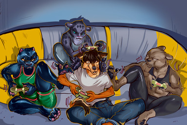 anthro black_body feet feet_on_shoulders female foot_on_face furniture gaming group jealous male male/female pawpads playing_video_game sofa ymymy brand_new_animal dreamworks goat_(movie) studio_trigger the_bad_guys elsa_(brand_new_animal) jacob_(bosskubal567) jett_fillmore kitty_kat_(the_bad_guys) canid canine canis felid lion mammal pantherine snow_leopard wolf 3:2 absurd_res hi_res huge_filesize