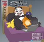 2022 absurd_res anthro bear bed biped black_body black_nose blush bodily_fluids cartoon_network caught censoring_self computer covering covering_crotch covering_penis covering_self dialogue electronics english_text feet furniture giant_panda hi_res interrupted lying male mammal overweight overweight_male panda_(we_bare_bears) plushie snowmutt solo spread_toes sweat text toes we_bare_bears white_body