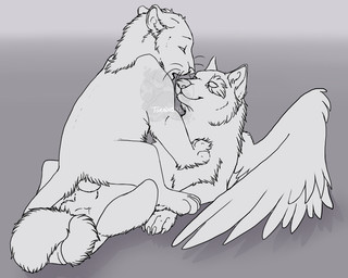 animal_genitalia balls cowgirl_position duo erection eye_contact feathered_wings feathers female female_on_top female_penetrated feral feral_on_feral from_front_position genitals interspecies jewelry knotting looking_at_another male male/female male_on_bottom male_penetrating male_penetrating_female on_bottom on_top paws penetration penis sex sheath smile straddling tail wings toradoshi kintari canid canine canis felid mammal pantherine tiger wolf 5:4 distracting_watermark greyscale monochrome watermark