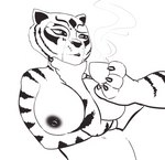 4_toes anthro areola arm_between_breasts big_areola big_breasts big_nipples breasts claws container cup dark_areola dark_nipples feet female finger_claws flexible freckles fur holding_container holding_cup holding_object holding_with_foot looking_aside nipples nude parody pointy_ears prick_ears solo steam striped_body striped_fur stripes thinking thoughtful_expression toe_claws toes whiskers necrolepsy dreamworks kung_fu_panda master_tigress felid mammal pantherine tiger 2022 black_and_white digital_media_(artwork) monochrome