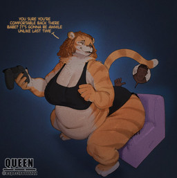 anthro belly big_belly big_breasts big_butt bottomwear breasts brown_body brown_hair brown_skin butt cleavage clothed clothing controller dark_body dark_skin dialogue dominant dominant_female dreadlocks duo ear_piercing facesitting female female_anthro female_on_human fur furniture game_controller gesture hair hand_gesture holding_controller holding_game_controller holding_object hotpants huge_breasts huge_butt huge_thighs human_on_anthro interspecies interspecies_romance larger_anthro larger_female looking_back male male/female male_human male_on_anthro minishorts morbidly_obese navel obese obese_anthro obese_female on_sofa orange_body orange_fur overweight overweight_anthro overweight_female piercing romantic romantic_couple shirt shorts sitting sitting_on_another size_difference smaller_human smaller_male smile smothering sofa submissive submissive_human submissive_male tail tank_top text thick_thighs thumbs_up topwear espectro111222 jomari_(tallordeer) tylann_vanderbilt_(tallordeer) felid human mammal pantherine tiger artist_name english_text