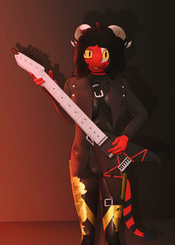anthro belt_accessory black_clothing black_hair black_jacket black_topwear breasts clothing concealed_weapon electric_guitar female guitar guitar_gun hair horn jacket latex latex_clothing latex_skinsuit left-handed musical_instrument playing_guitar playing_music plucked_string_instrument red_body skinsuit solo string_instrument tail tight_clothing topwear white_horn yellow_sclera conditional_dnp gusta flying_v gibson hellaverse helluva_boss fan_character kayla_(razorthefox) imp hi_res