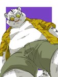 anthro belly bottomwear clothed clothing cute_fangs eyewear fangs kemono male moobs navel nipples open_clothing open_shirt open_topwear overweight overweight_male shirt shorts solo sunglasses teeth topwear yuzpoco felid mammal pantherine tiger 2022 3:4 hi_res