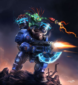 anthro armor axe battle blade brown_body brown_fur cigar cloud cosplay crossover_cosplay duo electricity fur glowing gun hooves horde_symbol_(warcraft) horn lightning machine male mane on_top plantigrade power_armor pupils ranged_weapon rubble size_difference slit_pupils smoke smoking space_marine spines text weapon what samwise_didier blizzard_entertainment starcraft warcraft elite_tauren_chieftain tauren_marine terran_marine_(starcraft) amphibian aquatic bovid bovine mammal murloc tauren 2007 crossover signature