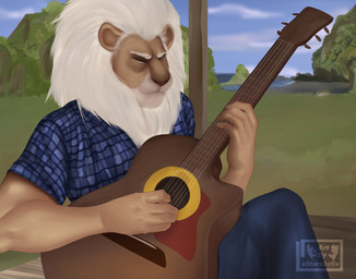 acoustic_guitar anthro bottomwear clothing detailed_background eyes_closed guitar male musical_instrument pants plaid plucked_string_instrument solo string_instrument xstarshellx illumination_entertainment sing_(movie) clay_calloway_(sing) felid lion mammal pantherine watermark