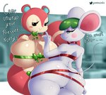 anthro big_breasts big_butt black_nose breasts butt dialogue duo eyelashes female fingers green_hair hair half-closed_eyes huge_breasts huge_butt looking_at_viewer looking_back narrowed_eyes ribbons smile text gammainks animal_crossing nintendo bree_(animal_crossing) poppy_(animal_crossing) mammal mouse murid murine rodent sciurid tree_squirrel 2022 absurd_res digital_media_(artwork) english_text hi_res