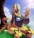 anthro big_breasts blush breasts claws female fur nipples non-mammal_nipples plant sitting solo tree yellow_body yellow_fur opqhlak nintendo pokemon generation_7_pokemon legendary_pokemon pokemon_(species) zeraora