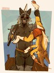 anthro butt clothing duo eyewear fishing fishing_rod male male/male nipples size_difference sunglasses upside_down wardrobe_malfunction hemuchang autumn_(outumn) shin_fennec_(hemuchang) canid canine fennec_fox fox mammal true_fox hi_res