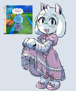 2_horns anthro blush blush_lines bow_ribbon clothed clothed_anthro clothed_male clothing clothing_lift crossdressing crossdressing_male dress dress_lift eyewear flesh_fang floppy_ears footwear frilly frilly_clothing frilly_dress fully_clothed fully_clothed_anthro fully_clothed_male fur glasses green_eyewear green_glasses horn male pink_clothing pink_dress pink_horn ribbons round_glasses solo wearing_glasses white_body white_fur akikazeume deltarune tomodachi_life undertale_(series) ralsei bovid caprine goat mammal hi_res reference_image