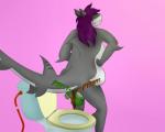 big_breasts breasts fart feces female hair hands_on_hips long_hair non-mammal_breasts onomatopoeia pooping raised_tail rear_view scatplay side_boob simple_background solo sound_effects standing tail text toilet toilet_use redmiles redmiles_the_shark fish marine shark 2016 5:4