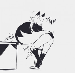 accident anthro bar_stool big_tail biped black_text bowl butt claws container cutlery feet female female_anthro finger_claws fingers fluffy fluffy_tail food fur furniture kitchen_utensils nude nude_anthro nude_female pointy_ears prick_ears solo sound_effects spoon standing stool table tail text toes tools tripping yelling lichee pepper_(lichee) canid canine fox hybrid mammal mephitid skunk 2023 black_and_white english_text hi_res monochrome